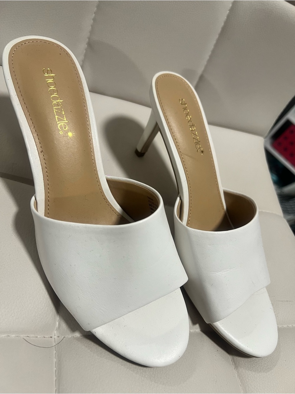 Shoe Dazzle White Open-Toe Slip-On Stiletto Mules